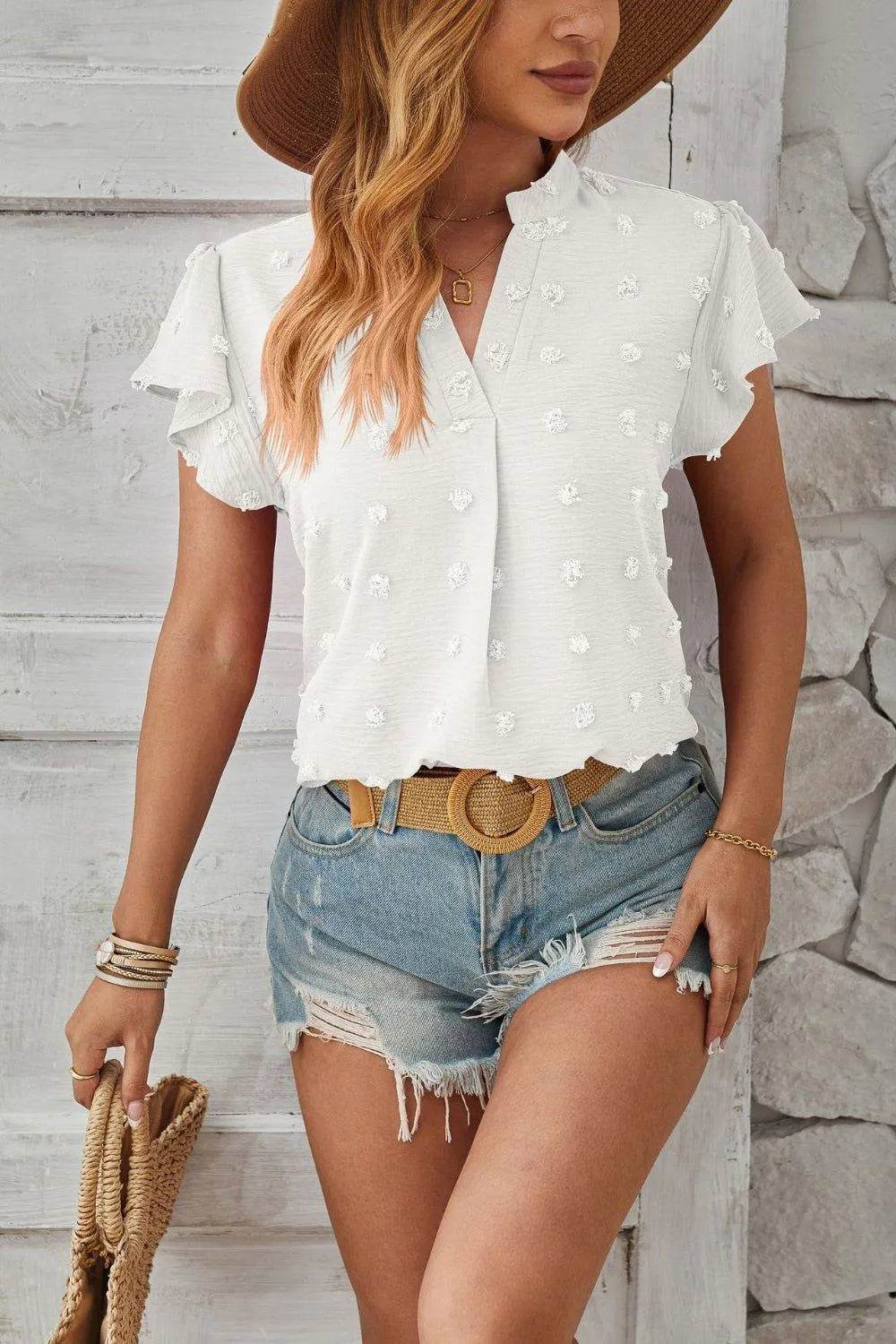 Bona Fide Fashion - Swiss Dot Notched Cap Sleeve T-Shirt - Women Fashion