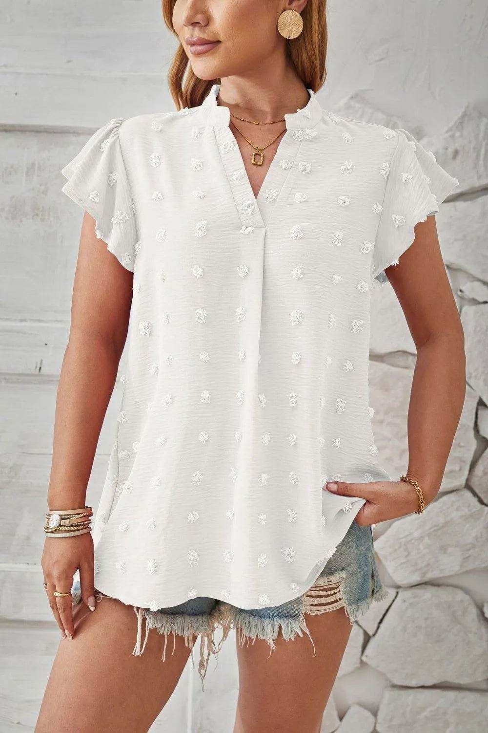 Bona Fide Fashion - Swiss Dot Notched Cap Sleeve T-Shirt - Women Fashion