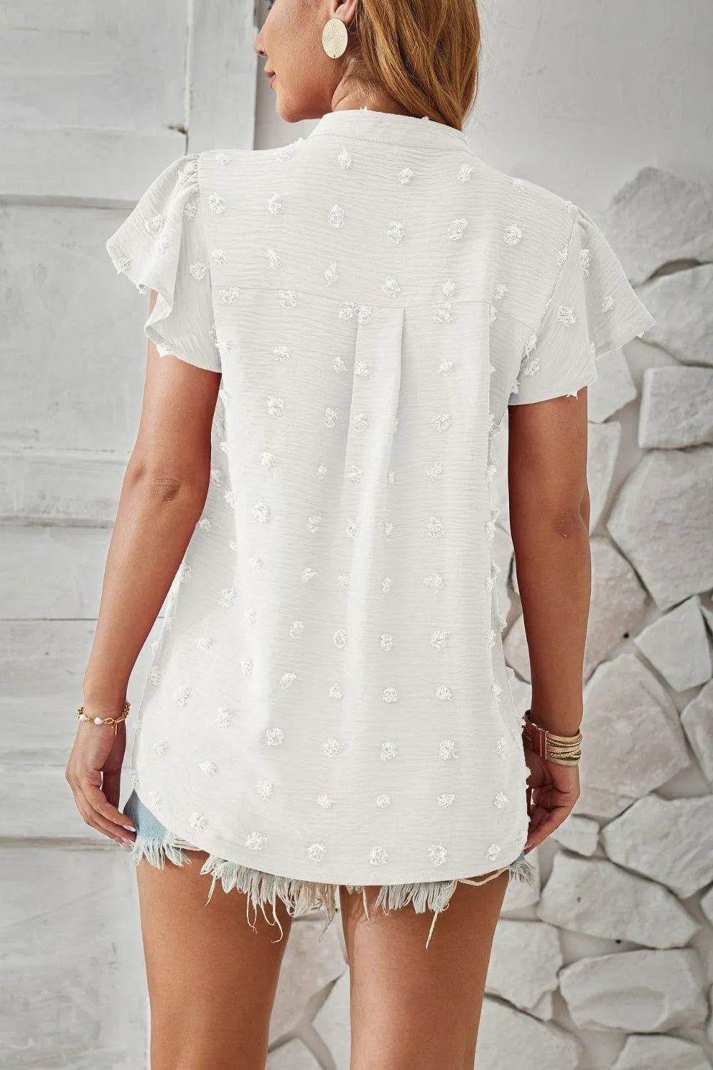 Bona Fide Fashion - Swiss Dot Notched Cap Sleeve T-Shirt - Women Fashion