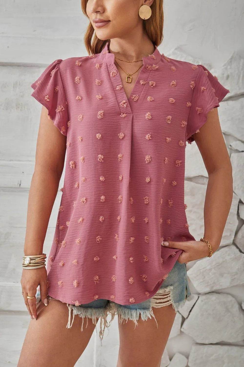 Bona Fide Fashion - Swiss Dot Notched Cap Sleeve T-Shirt - Women Fashion