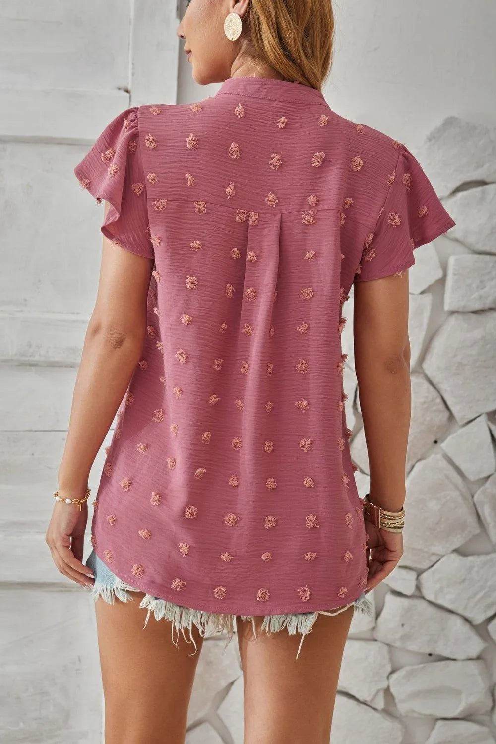 Bona Fide Fashion - Swiss Dot Notched Cap Sleeve T-Shirt - Women Fashion