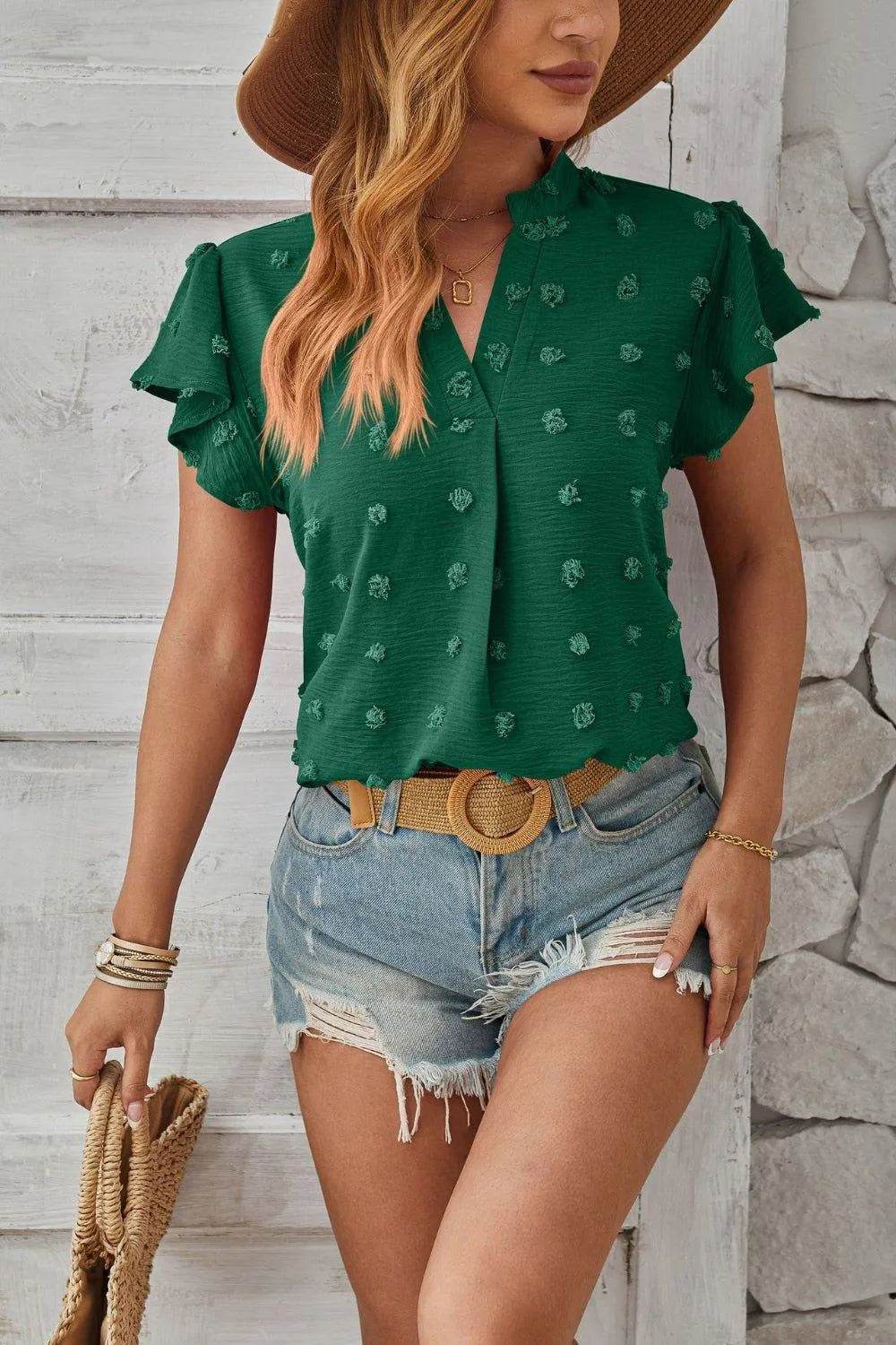 Bona Fide Fashion - Swiss Dot Notched Cap Sleeve T-Shirt - Women Fashion