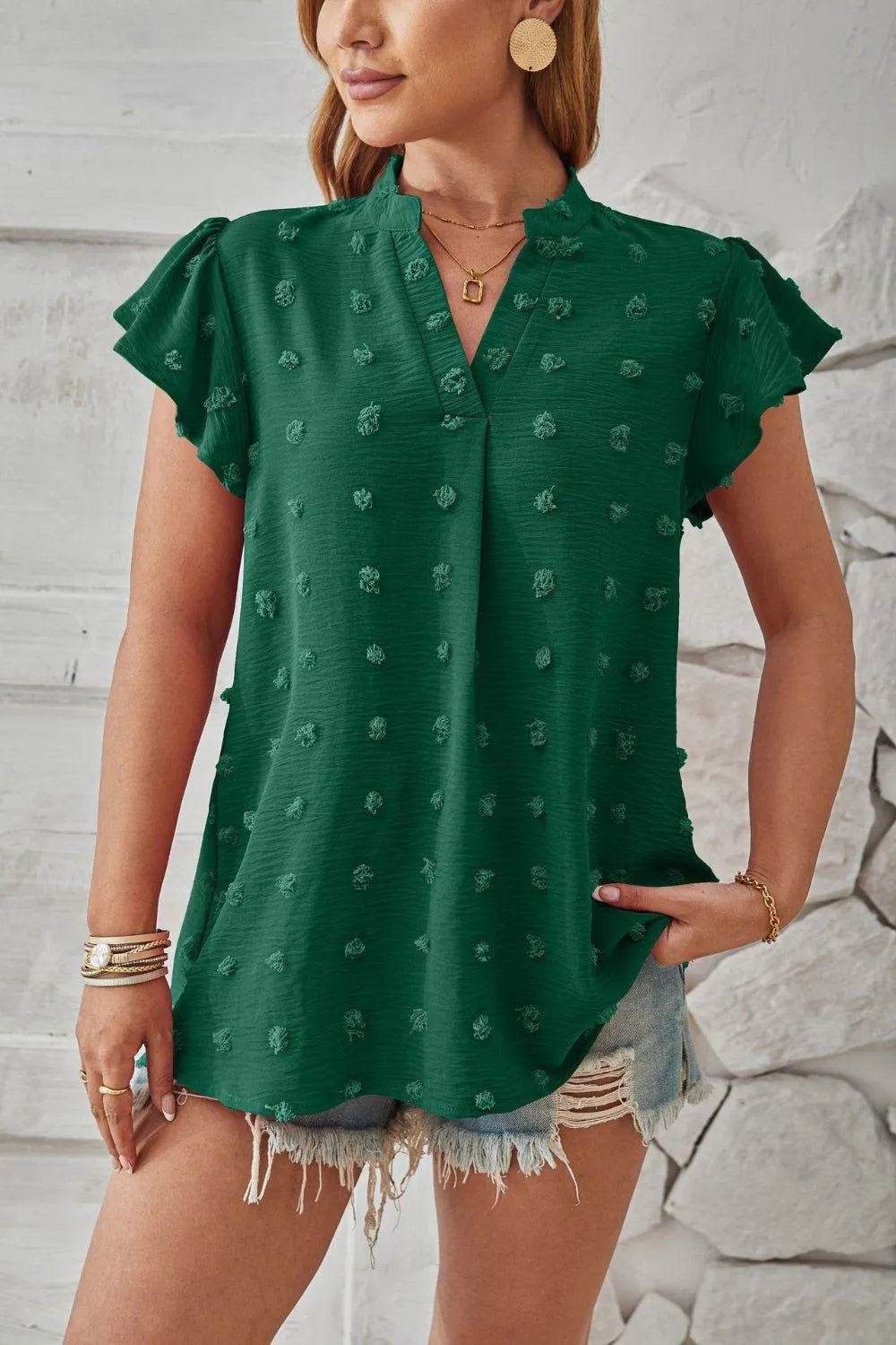Bona Fide Fashion - Swiss Dot Notched Cap Sleeve T-Shirt - Women Fashion