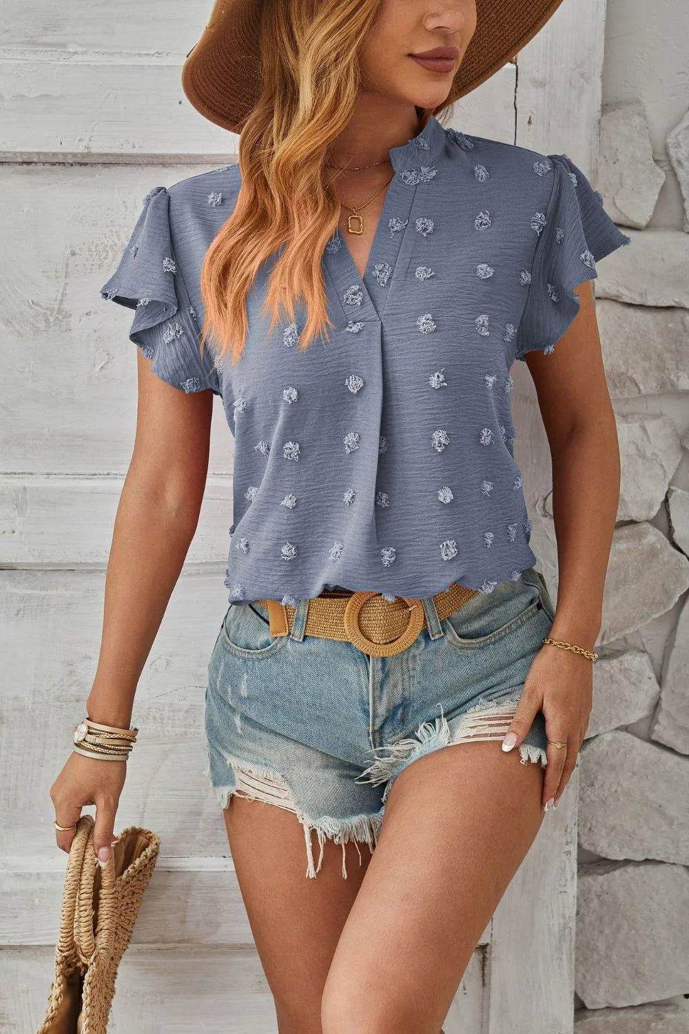 Bona Fide Fashion - Swiss Dot Notched Cap Sleeve T-Shirt - Women Fashion