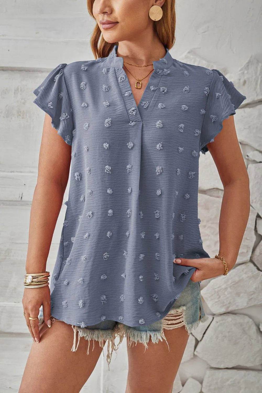 Bona Fide Fashion - Swiss Dot Notched Cap Sleeve T-Shirt - Women Fashion