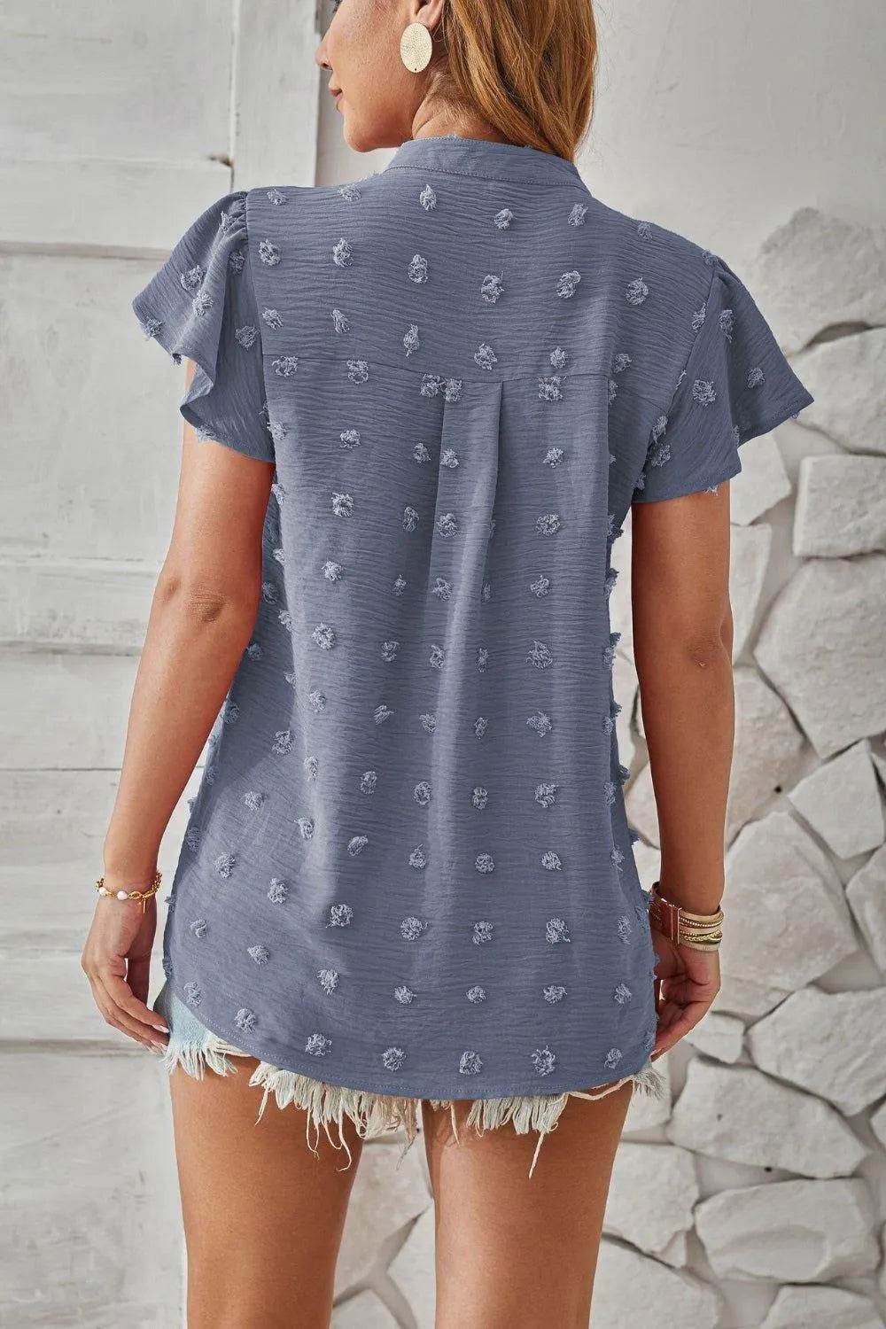 Bona Fide Fashion - Swiss Dot Notched Cap Sleeve T-Shirt - Women Fashion