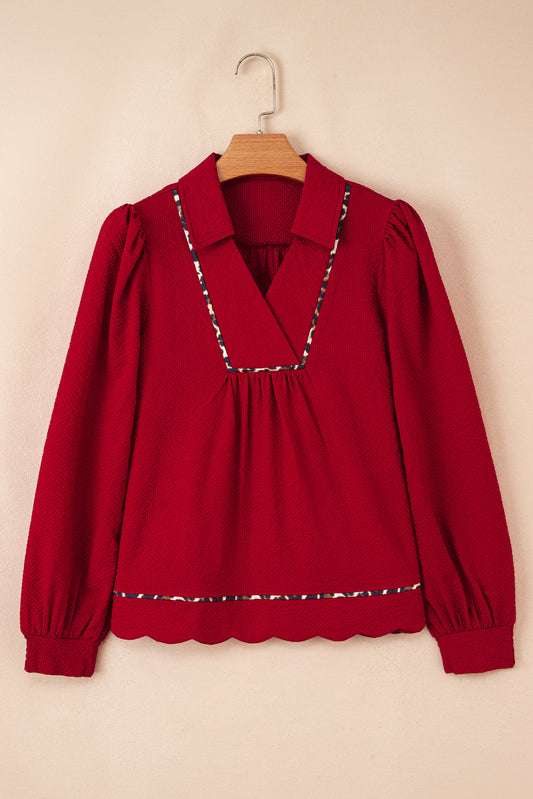 Leopard Contrast Trim V-Neck Textured Blouse
