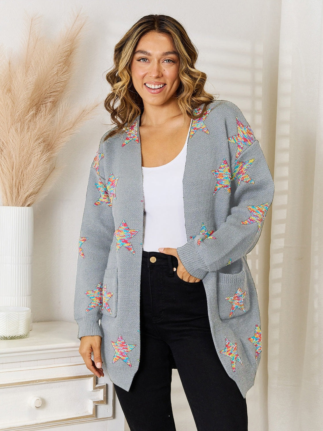 Women Star Pattern Open Front Cardigan Sweater with Pockets