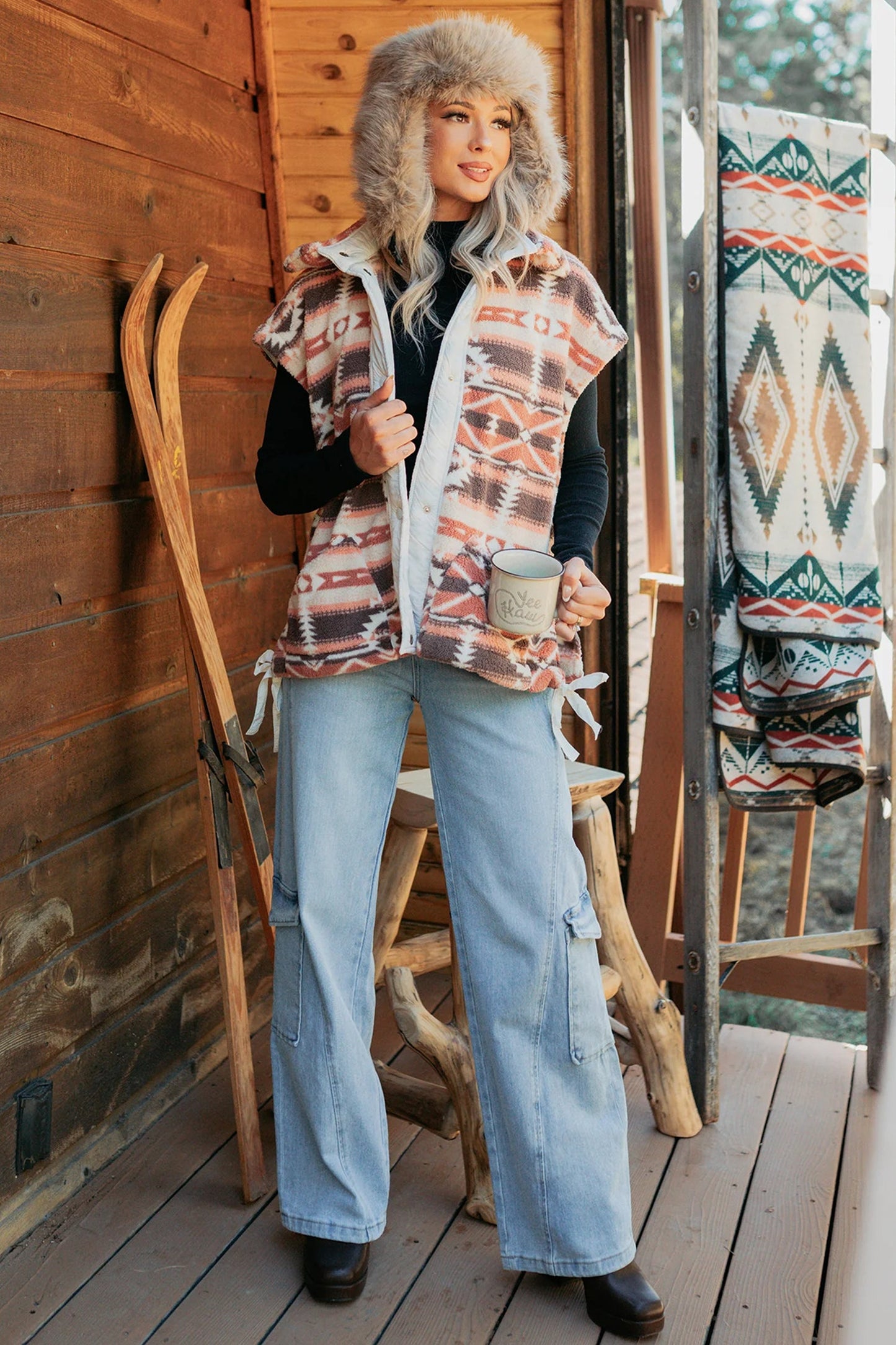 Aztec Fleece Buttoned Placket Side Tie Vest