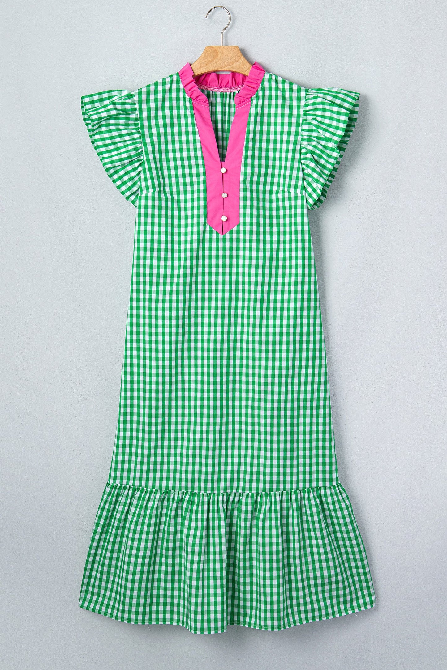 Gingham Colorblock Ruffle Sleeve Midi Dress