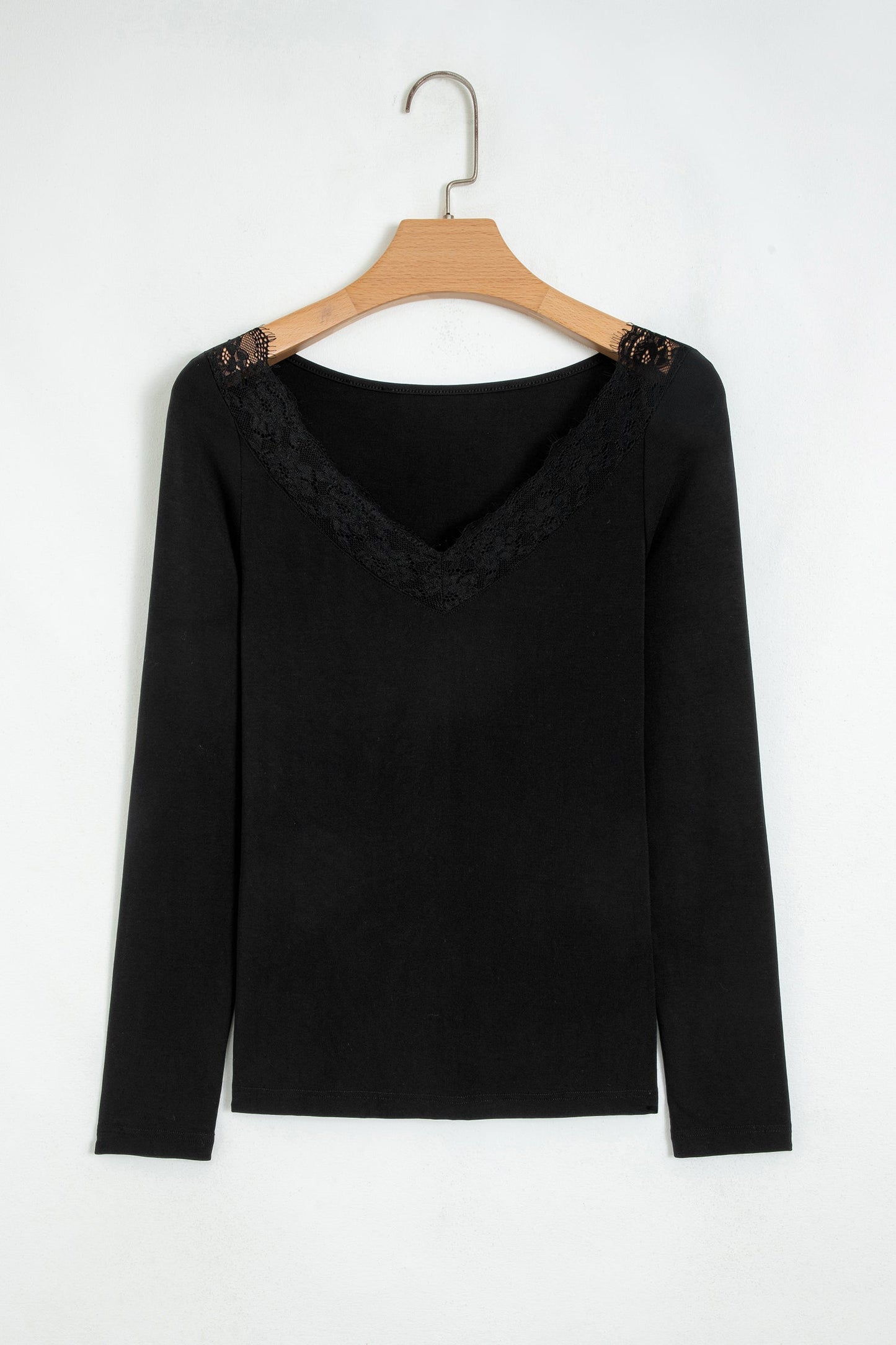 Solid Lace Trim V-Neck Long Sleeve Top