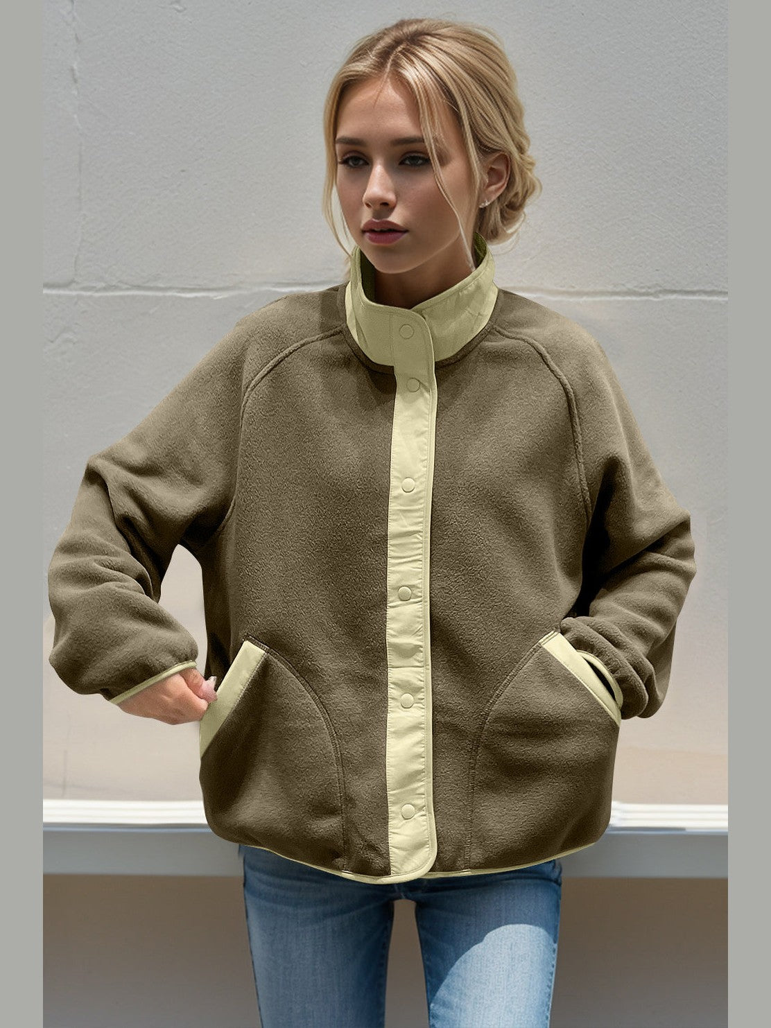 Women Double Take Snap Down Raglan Sleeve Jacket with Pockets