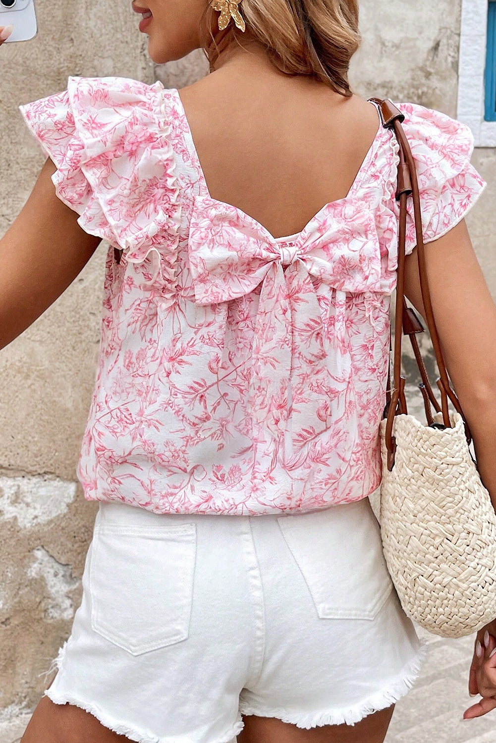 Floral Bow Back Ruffle Sleeve Blouse