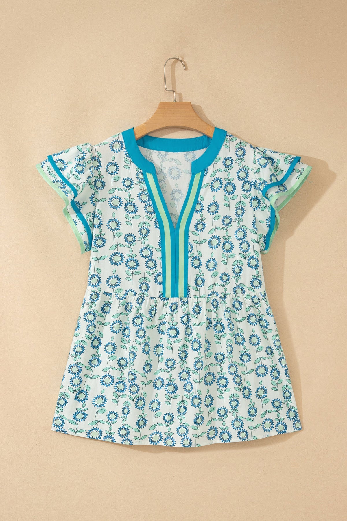 Floral Contrast Trim V-Neck Flutter Sleeve Blouse