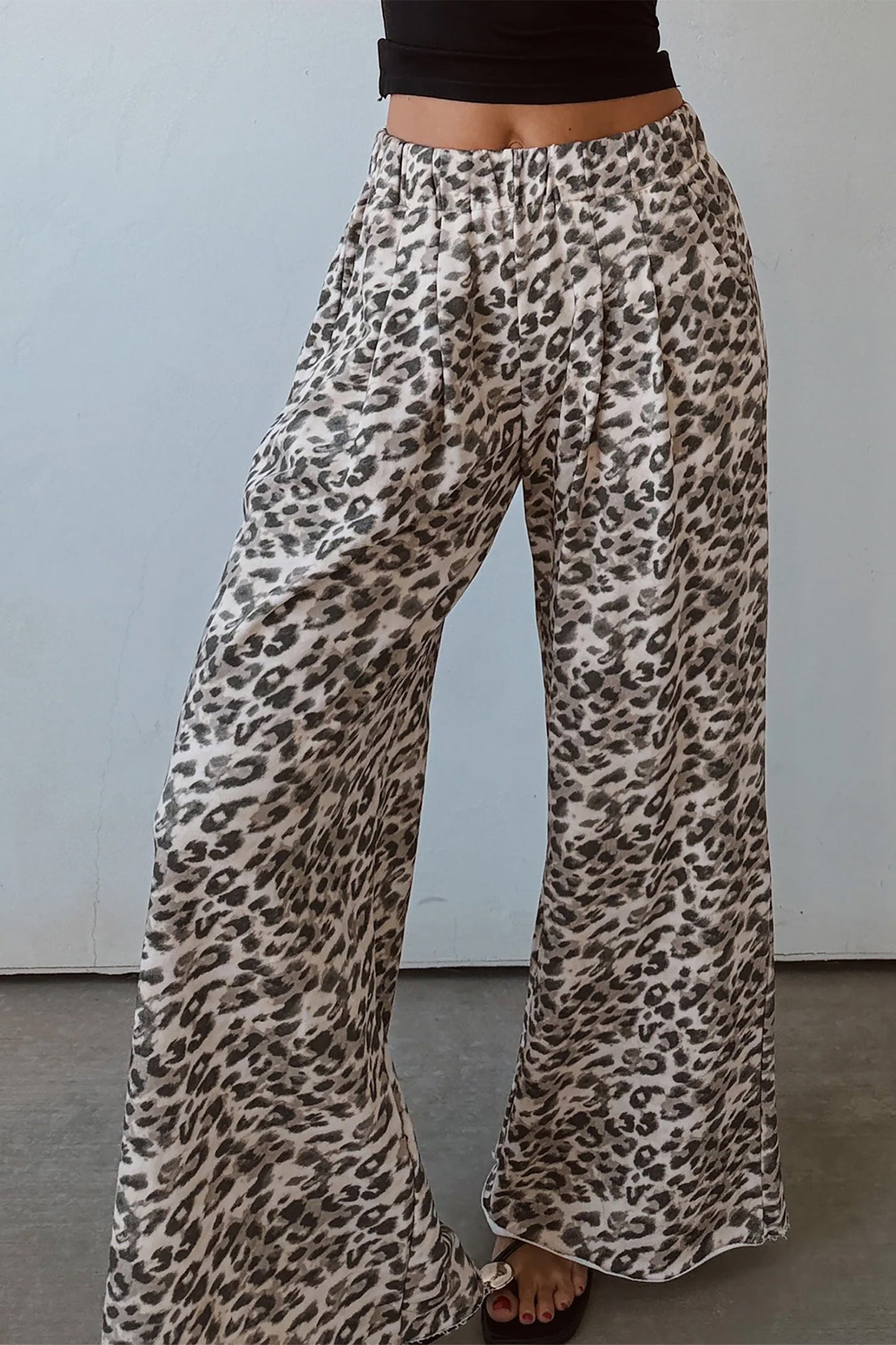 Leopard Elastic Waist Raw Hem Wide Leg Pants