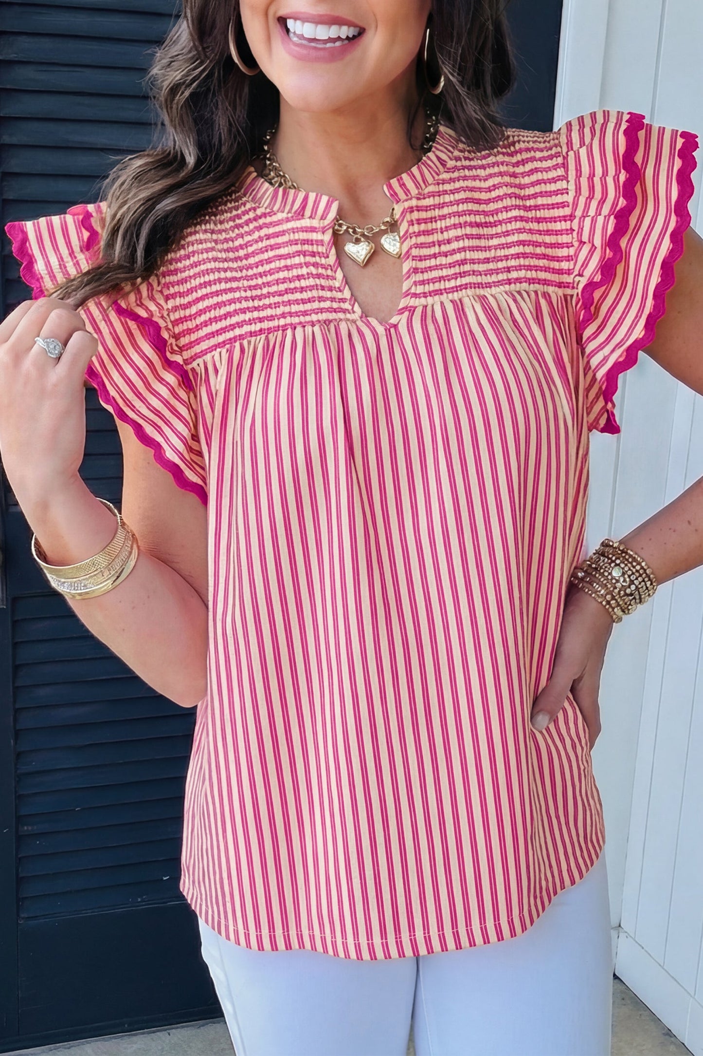 Stripe Smocked Yoke Short Sleeve Ruffle Blouse