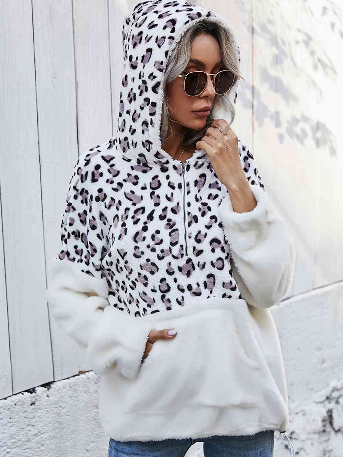 Women Leopard Half-Zip Dropped Shoulder Hoodie