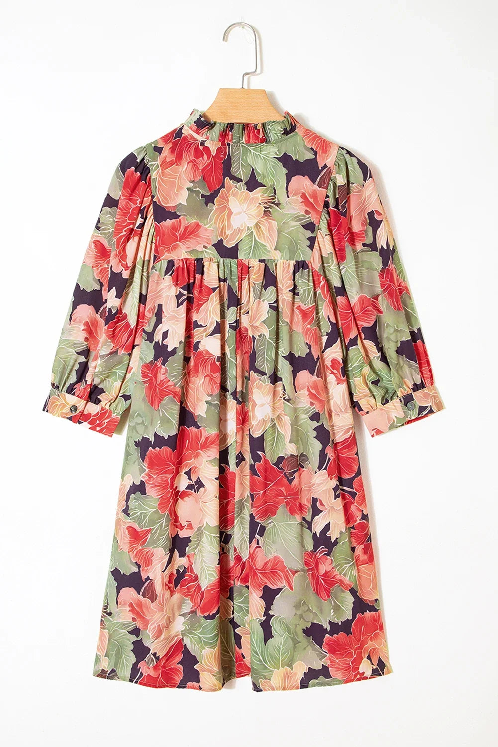 Floral Frilled Collar V-Neck 3/4 Sleeve Dress
