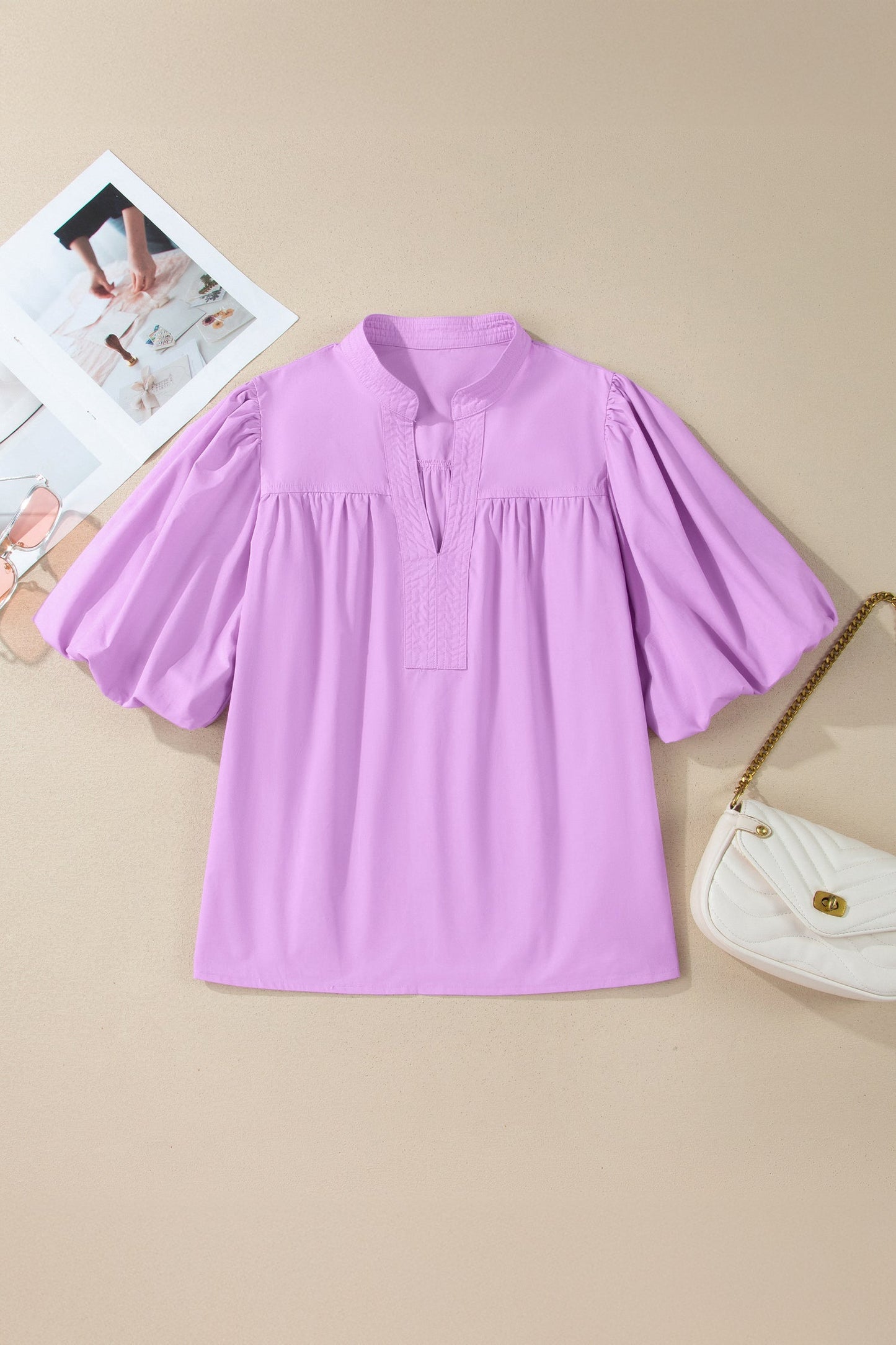 Solid Stitched V-Neck Short Puff Sleeve Blouse