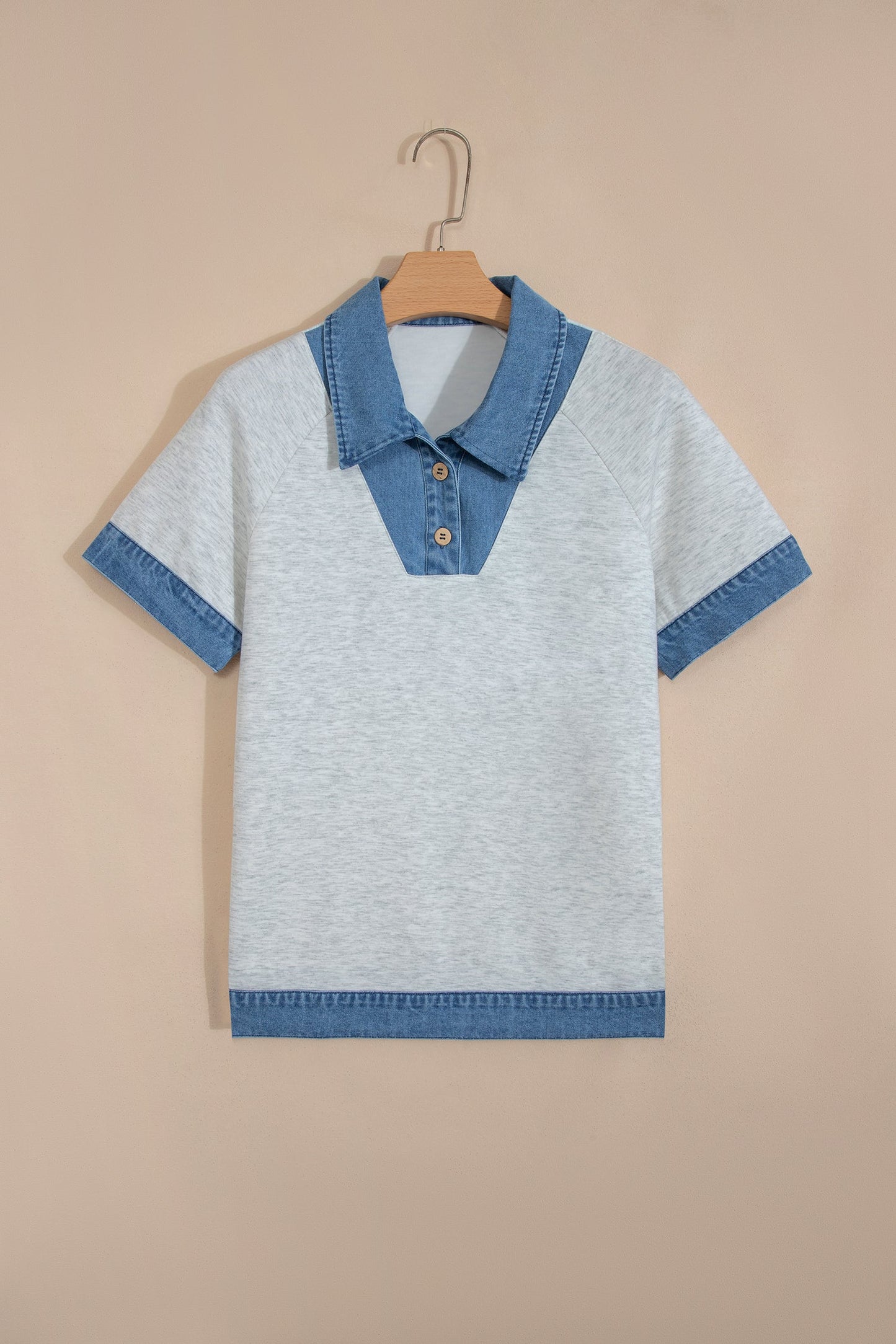 Denim Contrast Collar Cuffed Short Sleeve Top