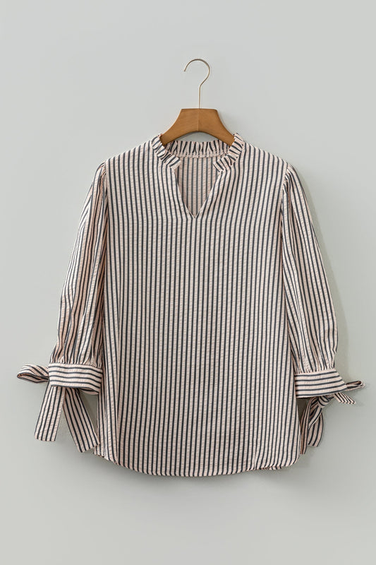 Stripe Knotted Cuff 3/4 Sleeve V-Neck Blouse
