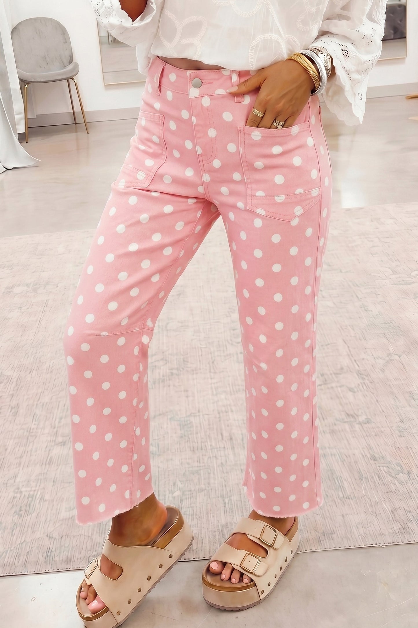 Polka Dot Denim Raw Hem Barrel Jeans