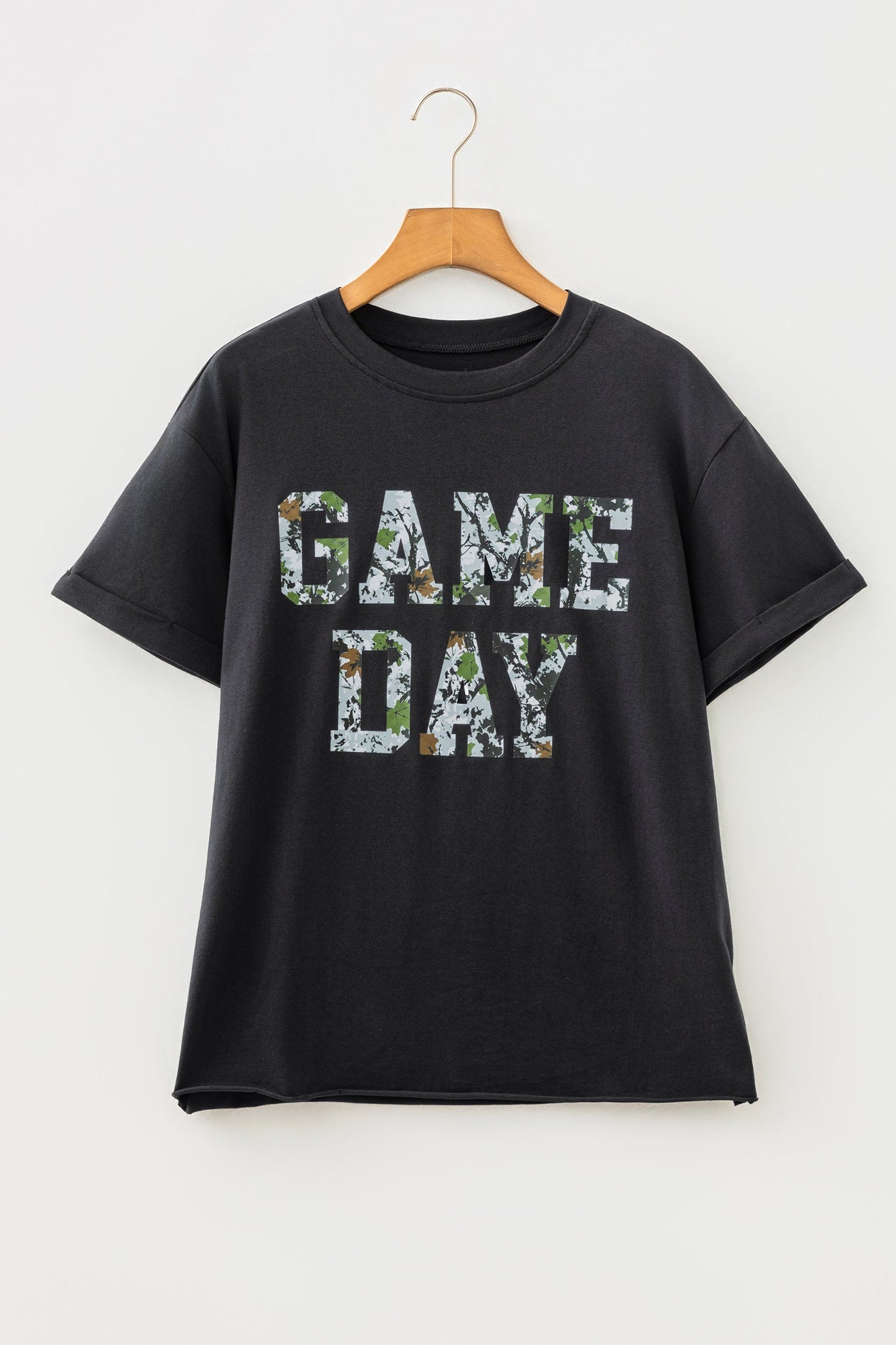 Camo Game Day Letter Graphic Round Neck T-Shirt