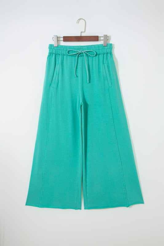 Solid Drawstring Elastic Waist Raw Hem Pants