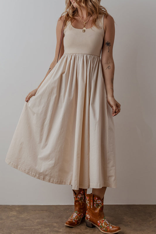 Solid Scoop Neck Ribbed Bodice Pleated Maxi Dress