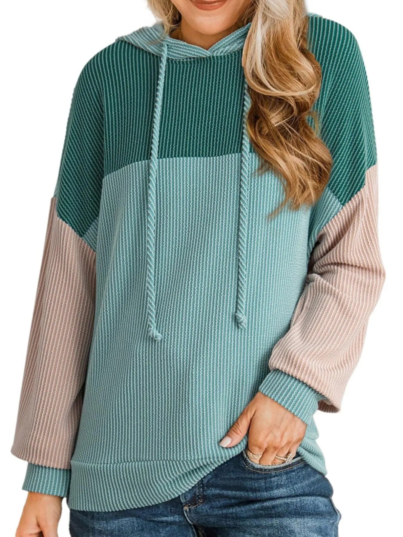 Women Drawstring Color Block Long Sleeve Hoodie