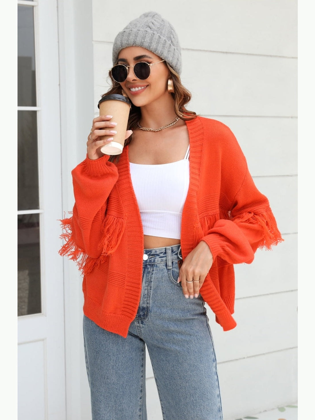 Women Double Take Fringe Trim Open Front Cardigan Sweater