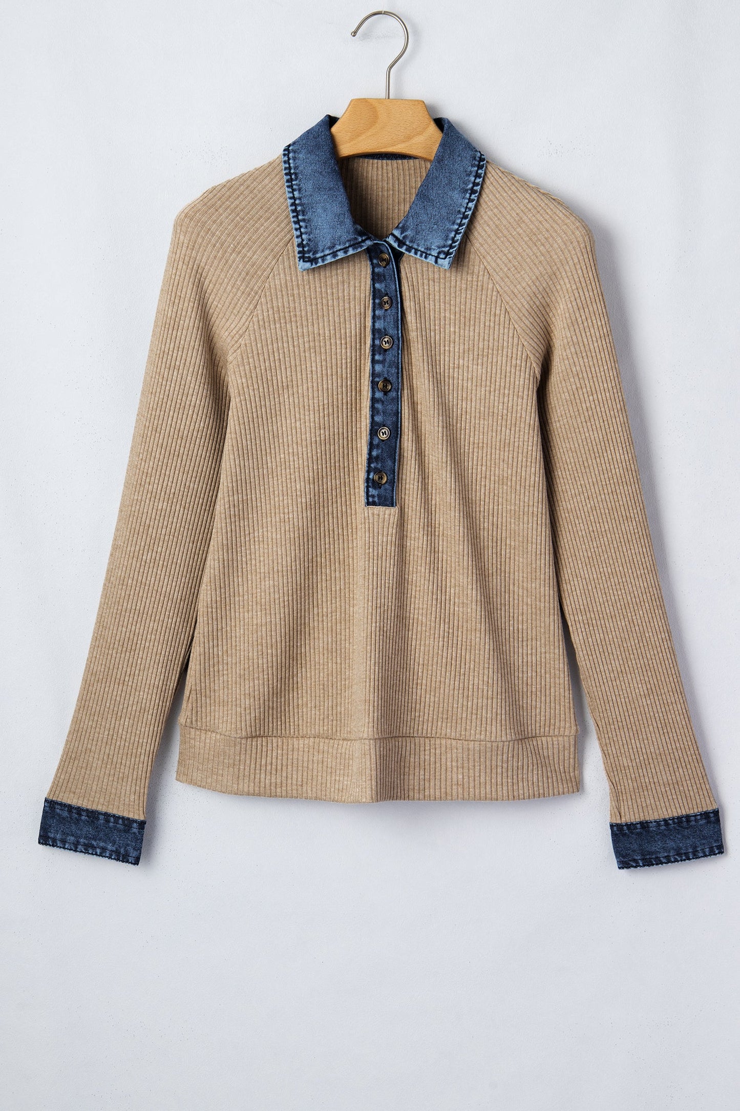 Denim Patchwork Ribbed Knit Polo Collar Top