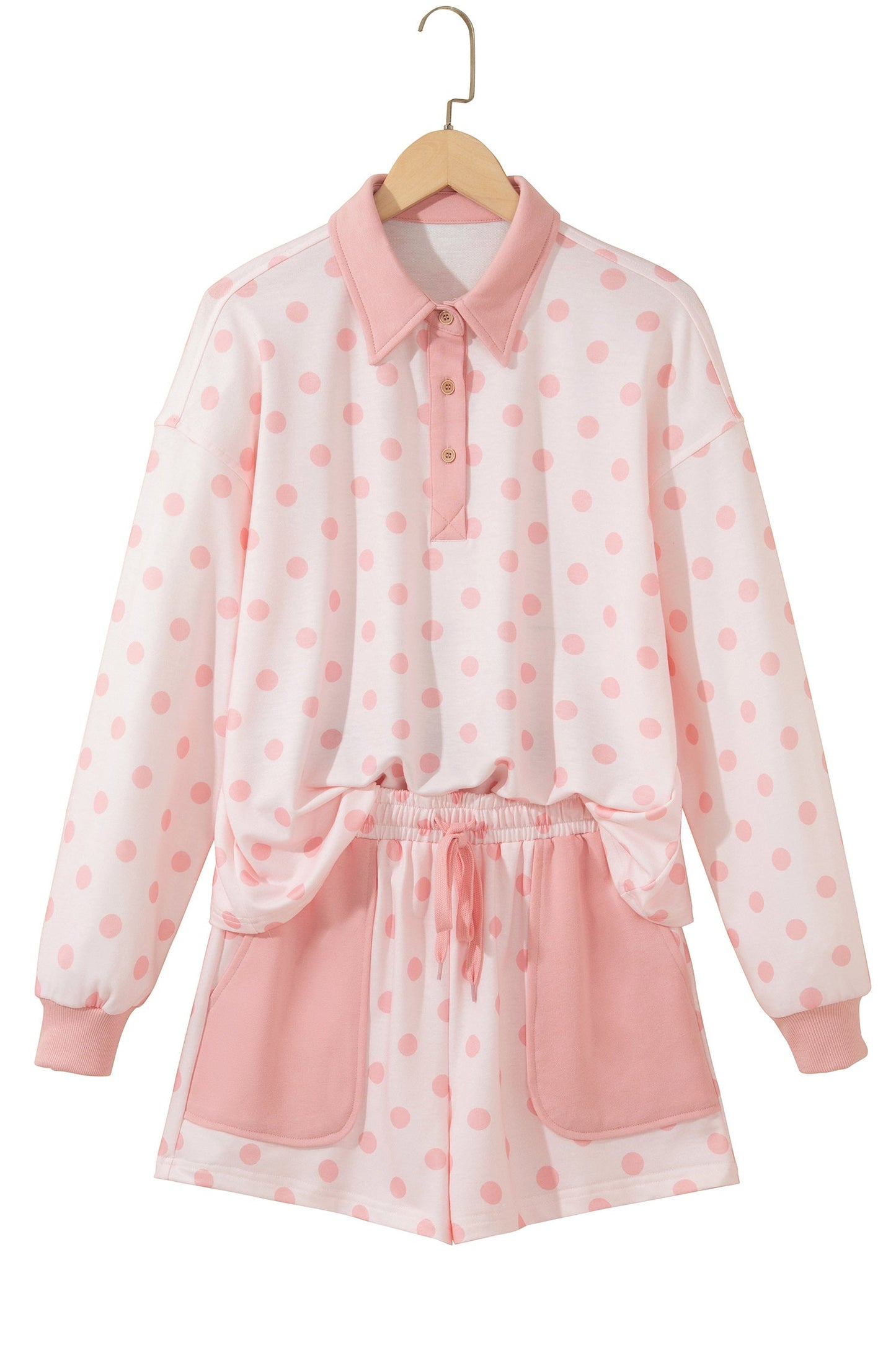 Polka Dot Polo Pullover & Elastic Waist Shorts Set