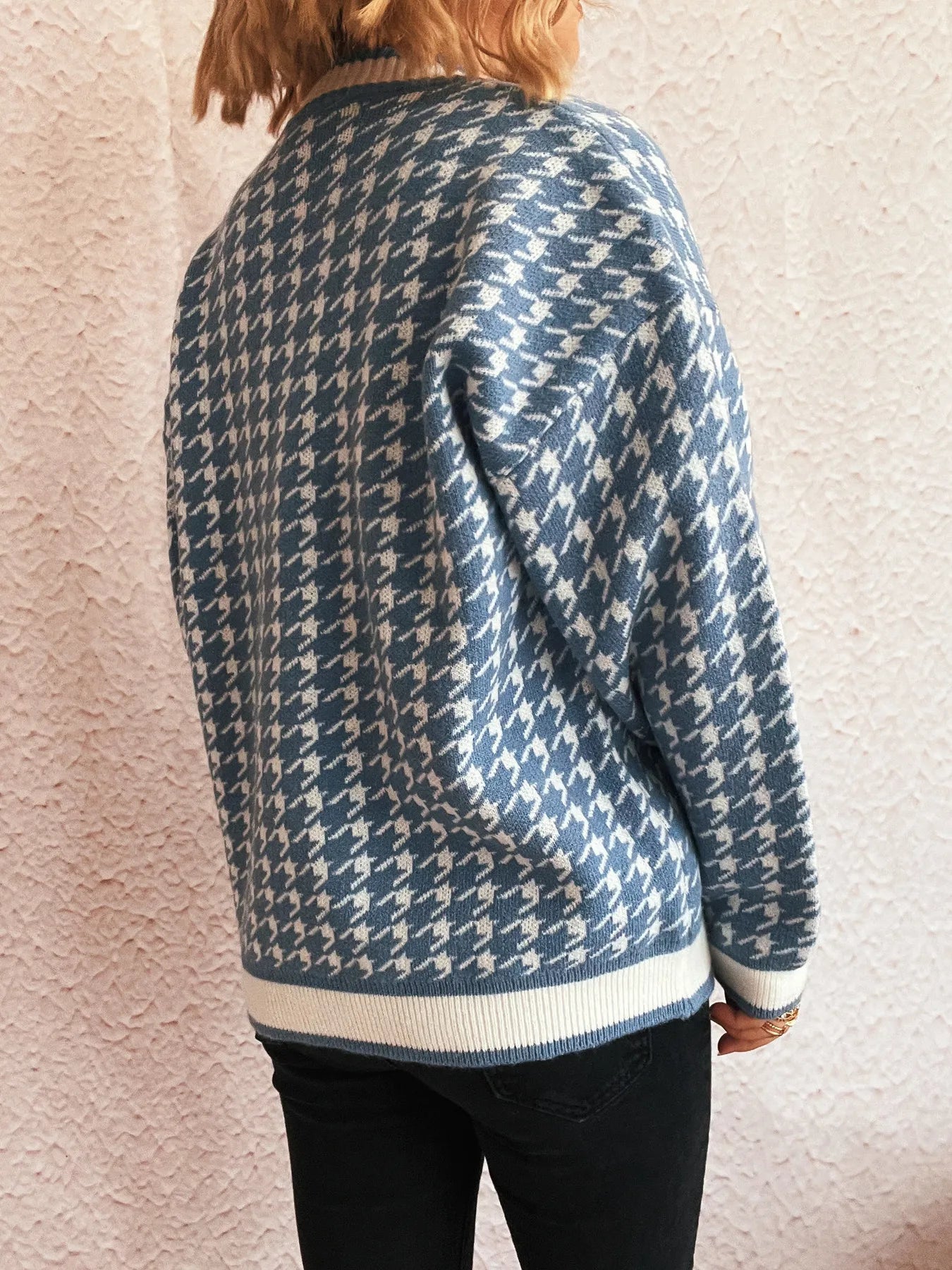Women Houndstooth Pattern V-Neck Button-Up Cardigan Sweater