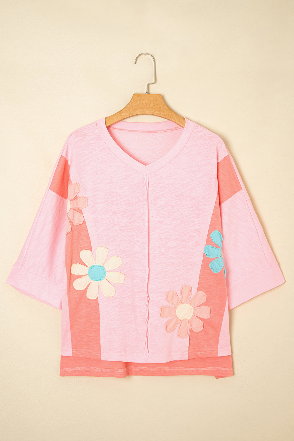 Flower Patch Exposed Seam 3/4 Sleeve T-Shirt
