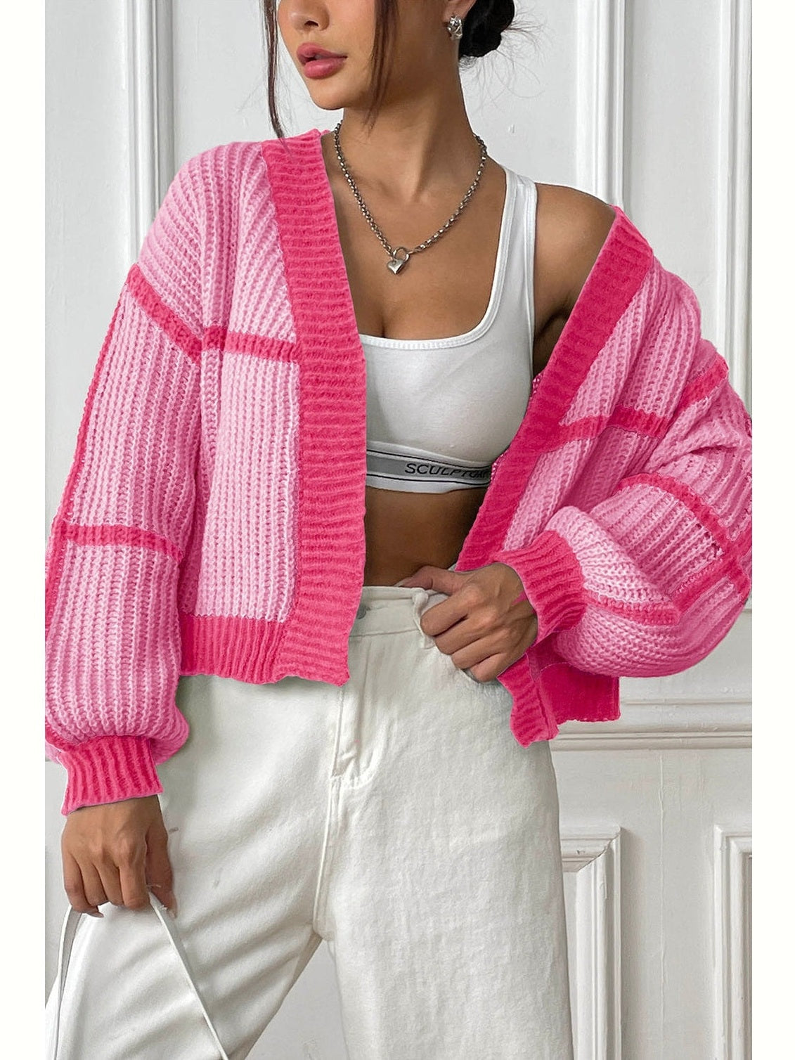 Women Contrast Open Front Long Sleeve Cardigan