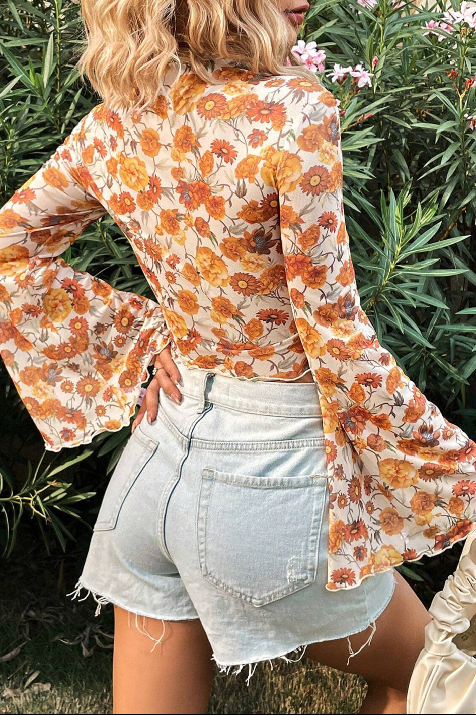 Floral Bell Sleeve Mock Neck Blouse