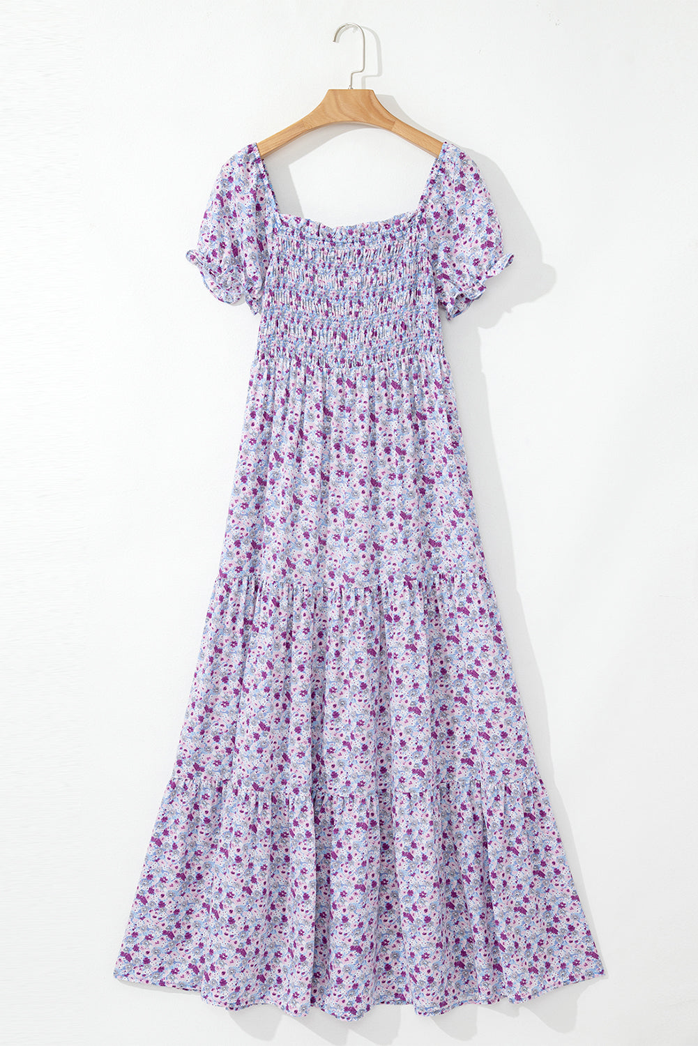 Floral Bubble Sleeve Shirred Waist Maxi Dress