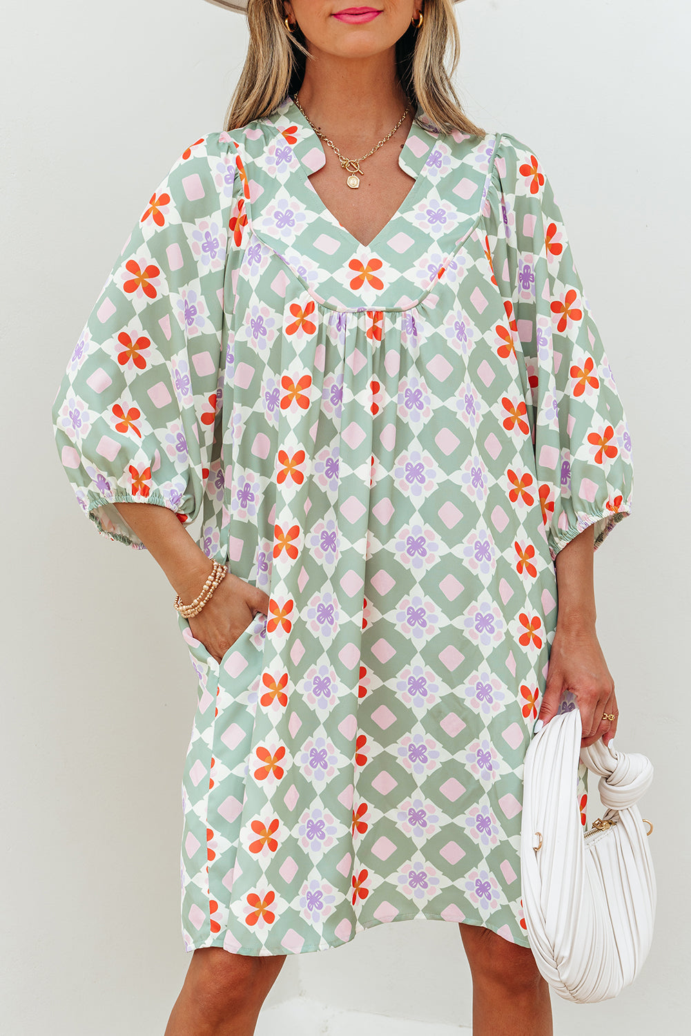 Geometric Floral 3/4 Sleeve Mini Dress