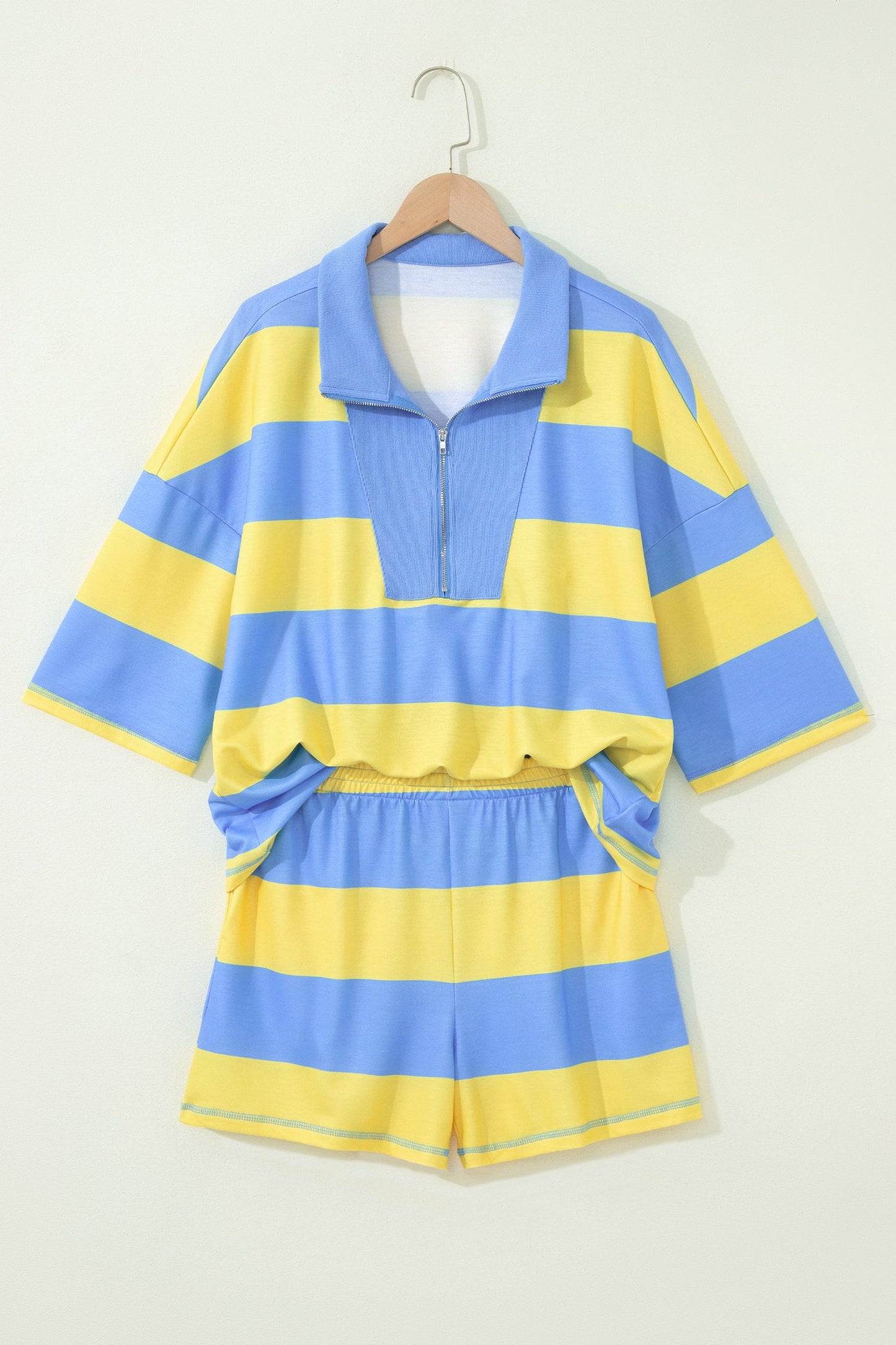 Stripe Half Zip Tee & Elastic Shorts Set