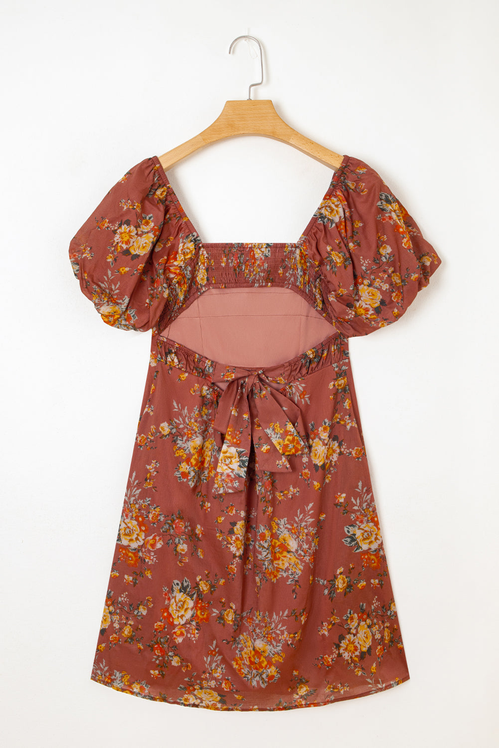 Floral Puff Sleeve Open Back Mini Dress