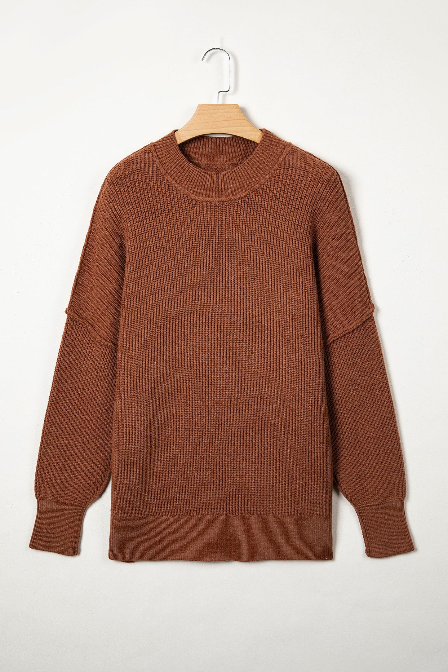 Exposed Hem Drop Shoulder Ribbed Knit Sweater