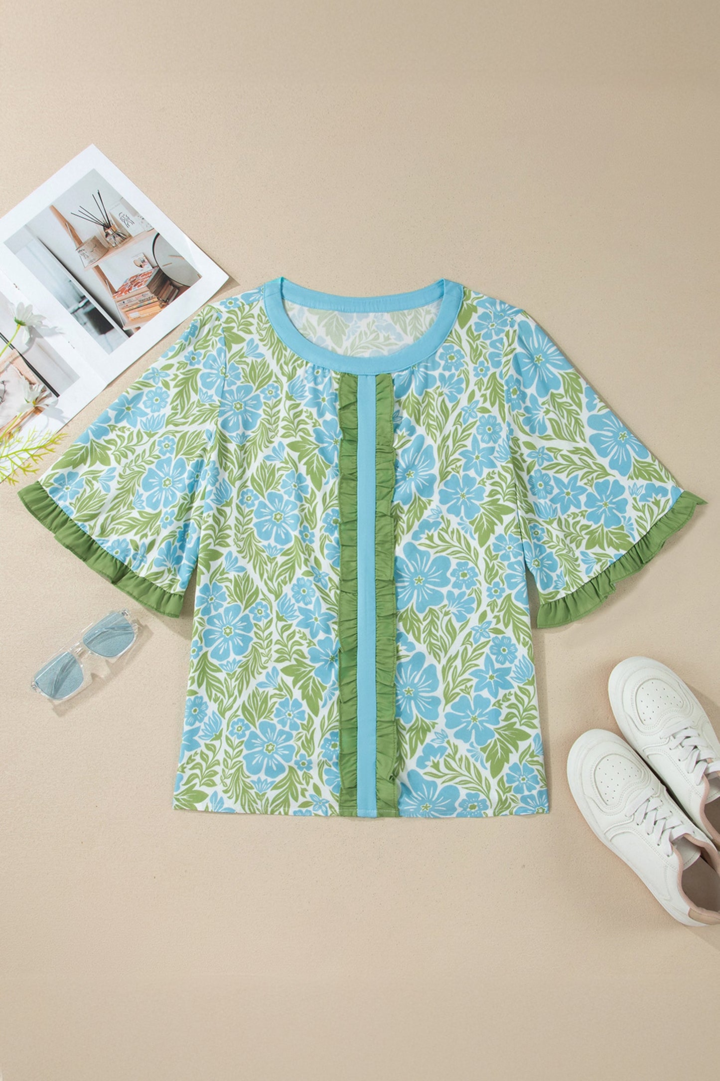 Floral Ruffle Colorblock Trim 3/4 Sleeve Blouse