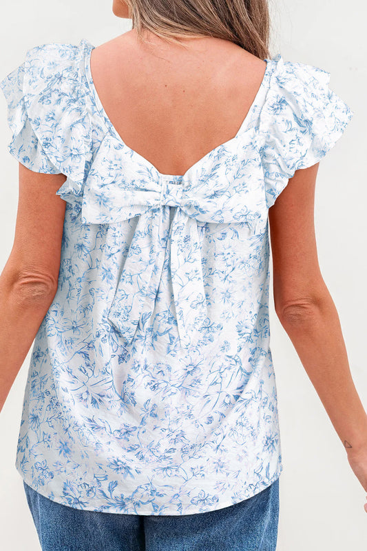 Floral Bow Back Ruffle Sleeve Blouse