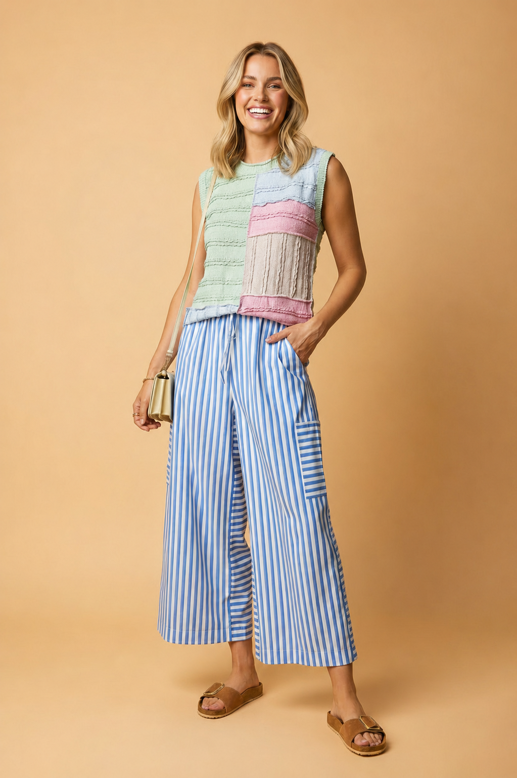 Stripe Drawstring Elastic Waist Wide Leg Pants