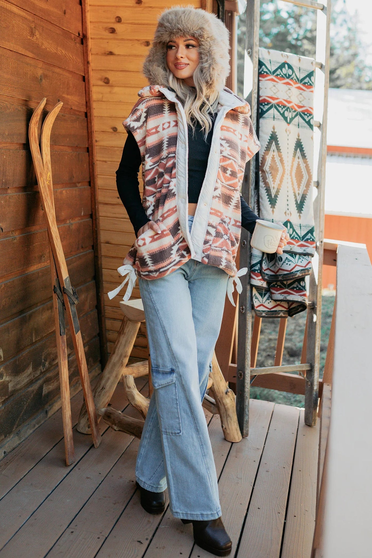 Aztec Fleece Buttoned Placket Side Tie Vest