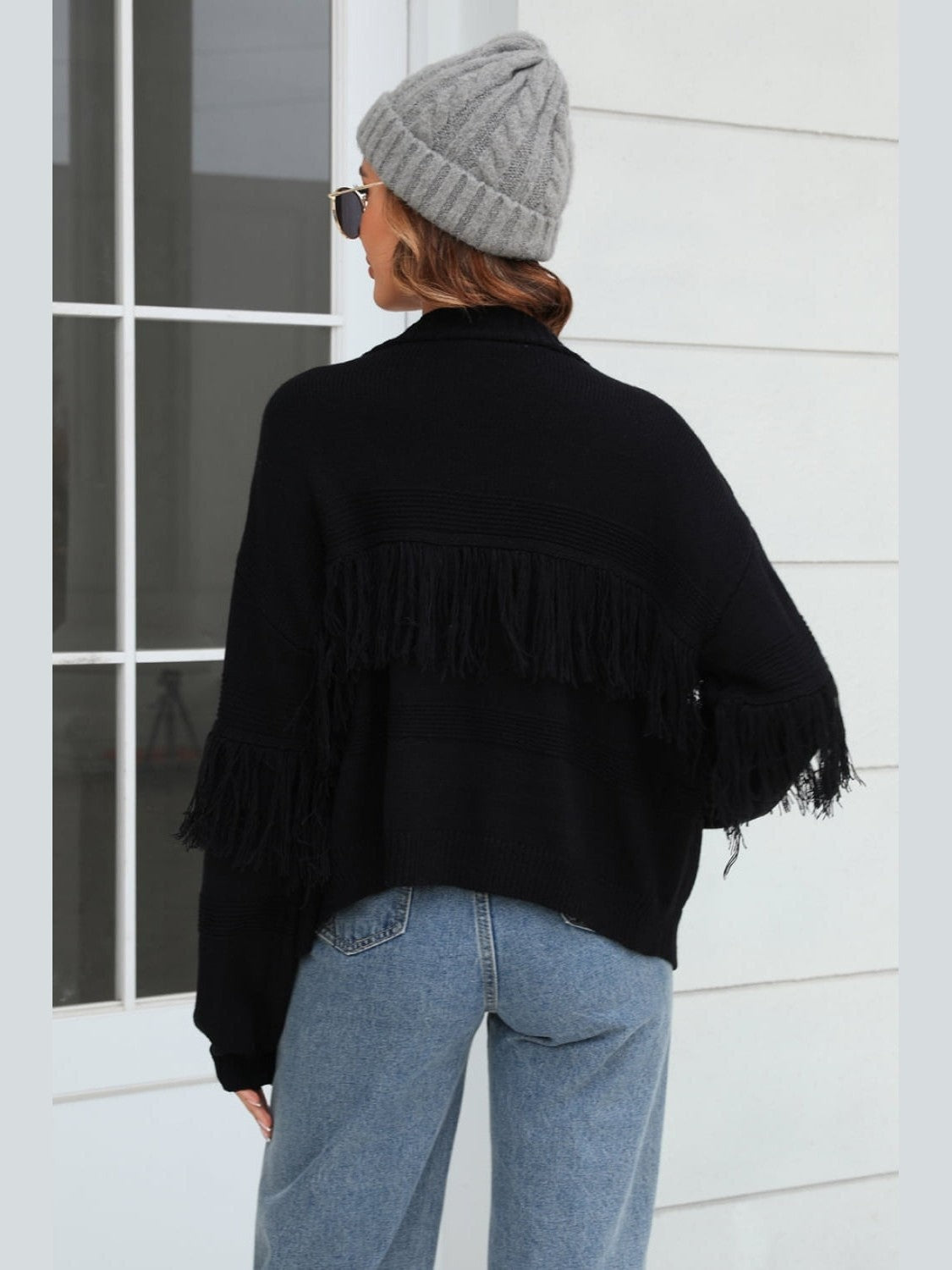 Women Double Take Fringe Trim Open Front Cardigan Sweater