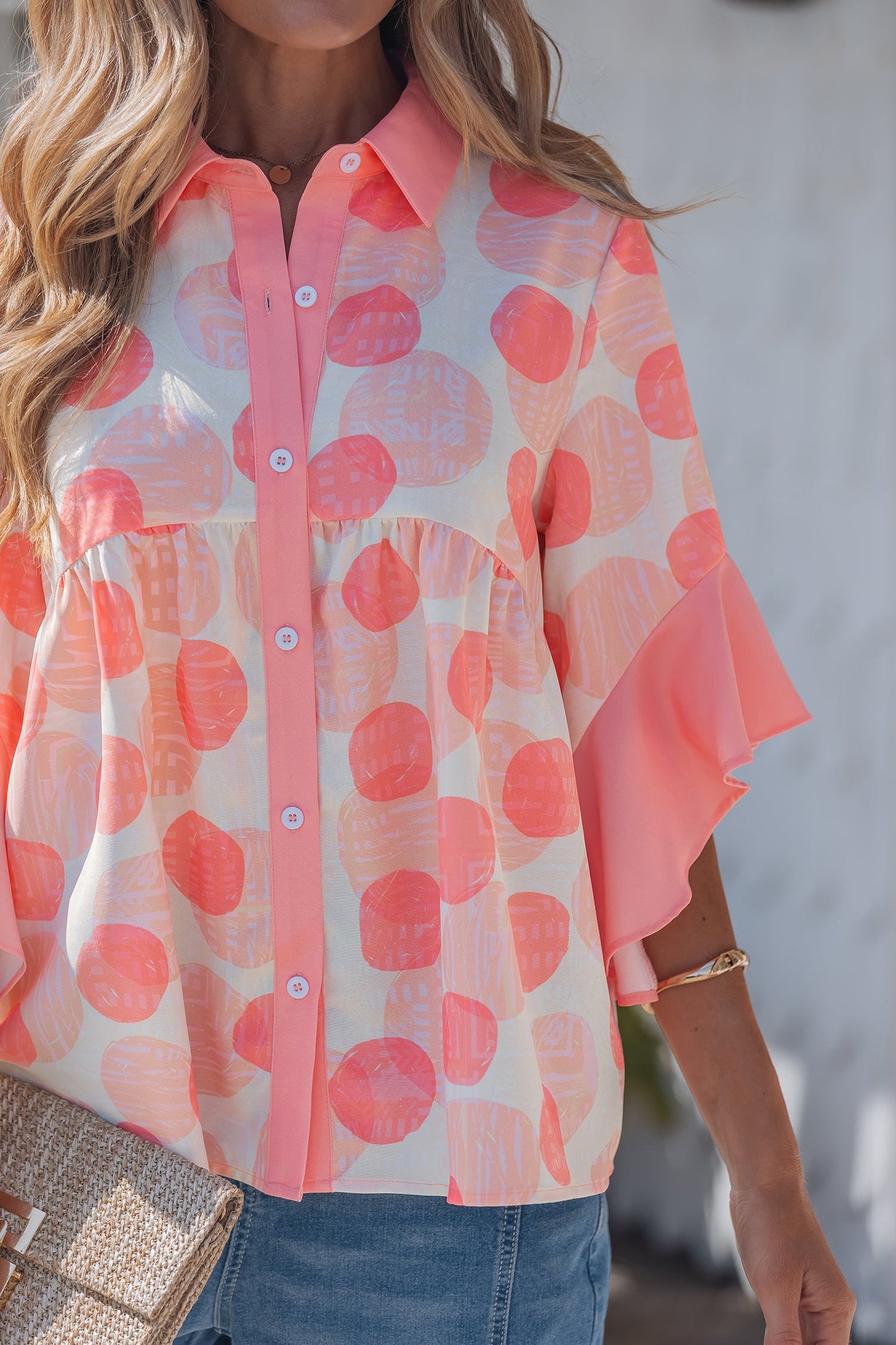 Polka Dot Ruffle Short Sleeve Babydoll Shirt
