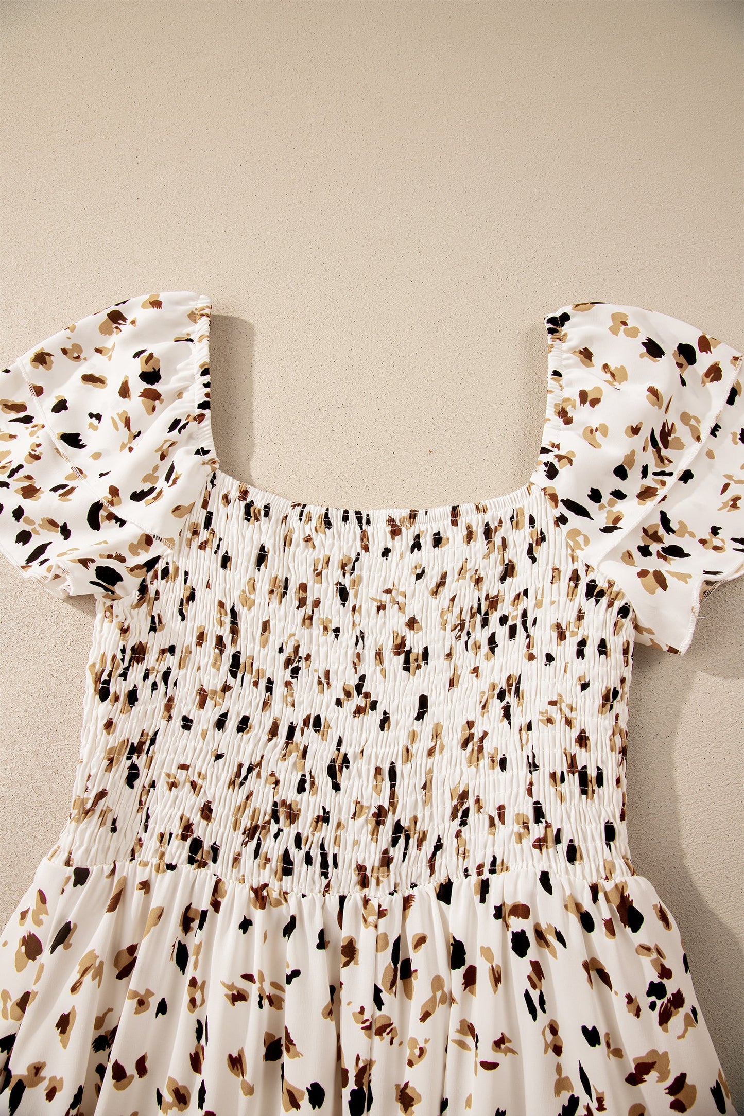 Leopard Smocked Square Neck Ruffle Sleeve Dress