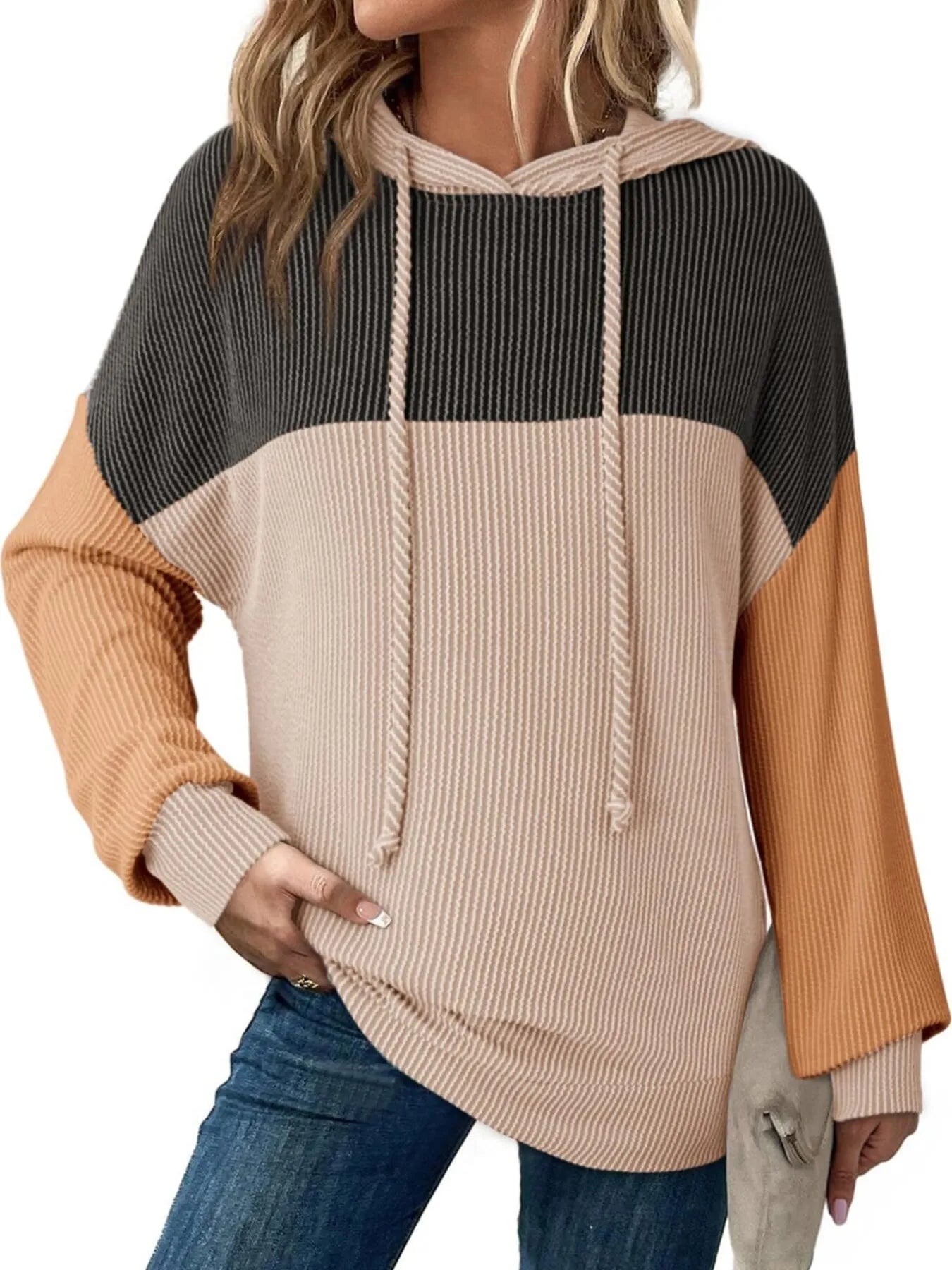 Women Drawstring Color Block Long Sleeve Hoodie